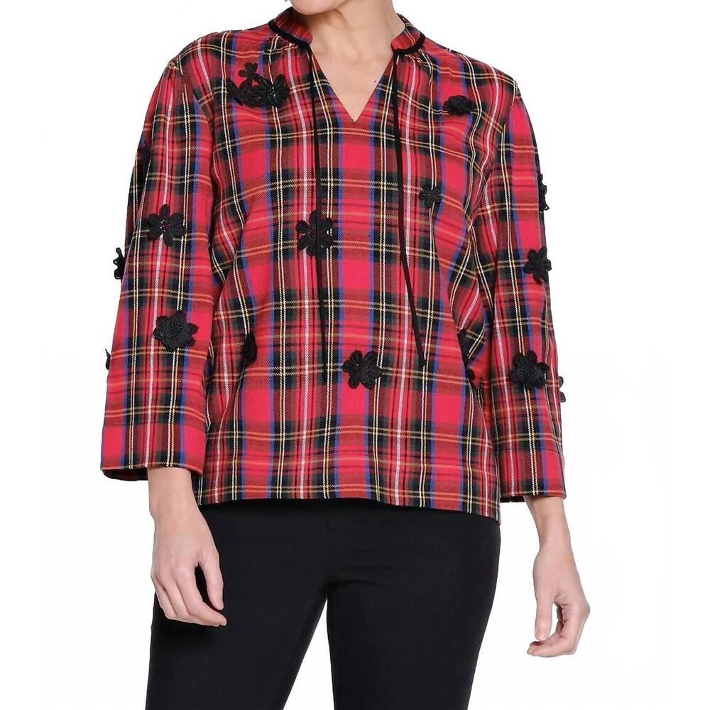 NEW TRU LUXE applique tie neck top in red plaid
